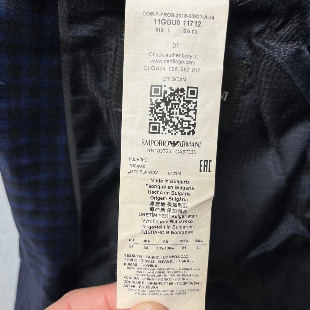 Emporio Armani blazer G Line Blue Black Super 130s Wool Check 54(40R) Sport coat